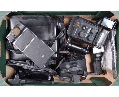 Polaroid Cameras, a Polaroid SX-70 Land Camera Sonar Autofocus, black, a Minipotrait, a Polaroid ProPack, a Polaroid Procam a