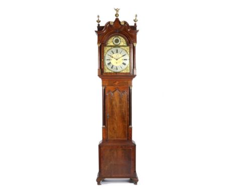 A Mahogany Chiming Longcase Clock, swan neck pediment, Corinthian capped columns and pilasters, arched trunk door, 14-inch ar