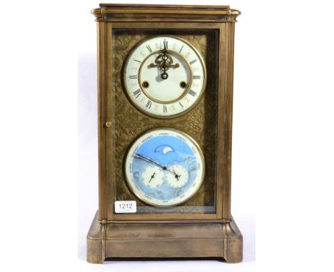 A Large Brass Triple Calendar Striking Mantel Clock with moonphase Indication, first half 20th century, rectangular form case