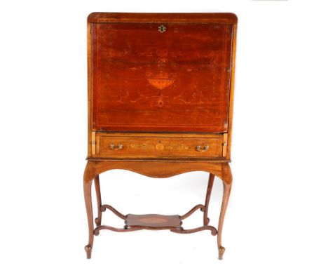 An Edwardian Mahogany, Satinwood Banded and Marquetry Inlaid Writing Cabinet on Stand, early 20th century, the top inlaid wit