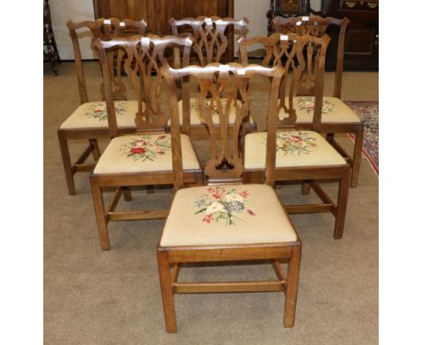 A Set of Six George III Mahogany Provincial Chippendale Style Dining Chairs, late 18th century, with gothic style tracery spl