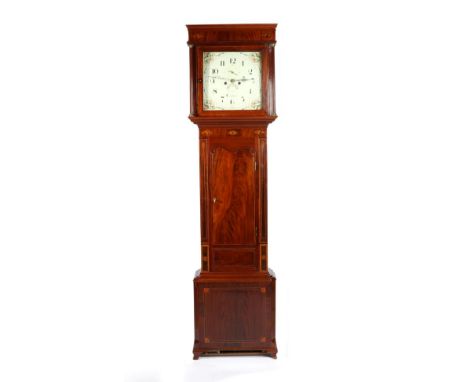 A Mahogany Eight Day Longcase Clock, signed Jn Smith, Congleton, circa 1820, flat top pediment, case with inlaid stringing an