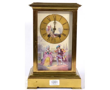 A Brass and Porcelain Mounted Striking Mantel Clock, circa 1900, side porcelain panels depicting figures in costume, porcelai