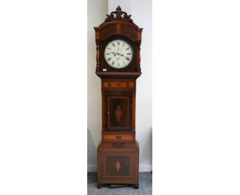 An Unusual Tunbridge Ware Style Inlaid Eight Day Longcase Clock, carved pediment, 13-inch painted circular Roman numeral dial