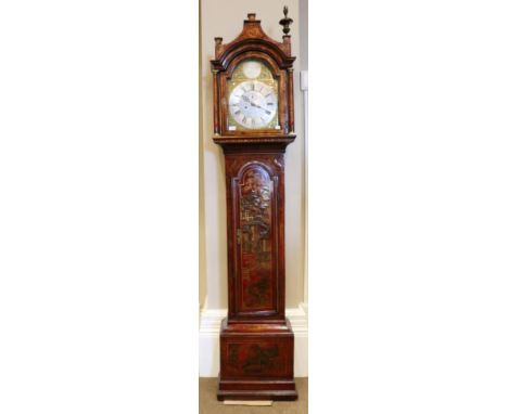 A Red Japanned Eight Day Longcase Clock, pagoda pediment, red lacquered gilt decorated case with oriental scenes throughout, 