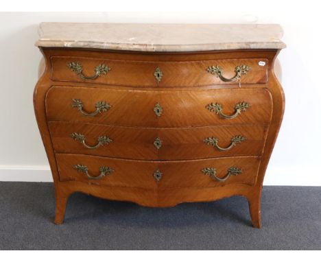 A French Louis XIV Style Bois Satine and Tulipwood Banded Bombé Shaped Commode, late 19th/early 20th century, with grey veine