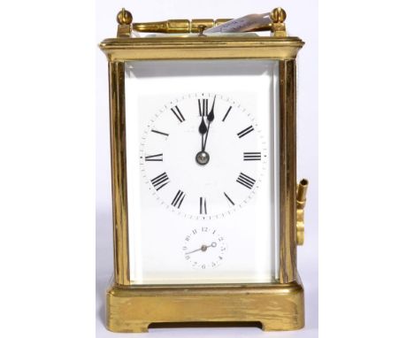 A Brass Striking and Repeating Alarm Carriage Clock, stamped Richard & Co, circa 1900, carrying handle and repeat button, ena