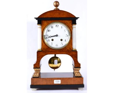 An Austro-Hungarian Empire Burr Walnut Striking Table Clock, circa 1870, arched pediment, flanked by alabaster Doric columns,