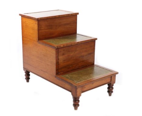 A Set of Early Victorian Mahogany Bedsteps, mid 19th century, each step covered in green leather with Greek Key gilded border