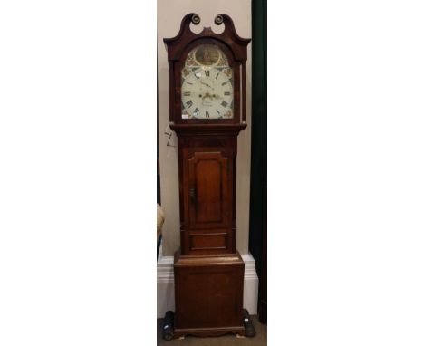 An Oak and Mahogany Eight Day Longcase Clock, swan neck pediment, mahogany crossbanded trunk door, 13-inch painted arched Rom