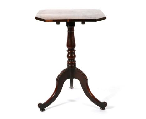 A Regency Mahogany and Rosewood Crossbanded Tripod Table, early 19th century, of square form with canted corners above a balu