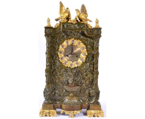 An Ormolu and Bronzed Striking Mantel Clock, signed J.F.Deniere a Paris, 2nd quarter 19th century, surmounted with two birds 