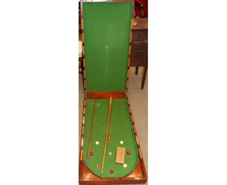 A Victorian Mahogany Folding Bar Billiards Table Top Game, late 19th century, the hinged lid enclosing a green baize playing 