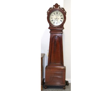 A Mahogany Eight Day Longcase Clock, scroll and shell motif carved pediment, tapered trunk, 14-inch circular Roman numeral pa