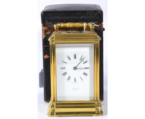 A Brass Striking and Repeating Carriage Clock, retailed by Loveday, Wakefield, circa 1890, carrying handle and repeat button,