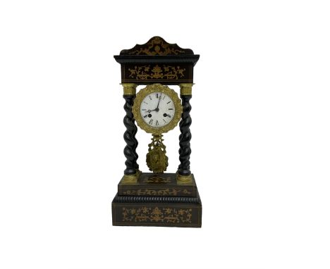 French - 19th century 8-day ebonised portico clock, shaped pediment with inlay and four barley twist columns with brass capit