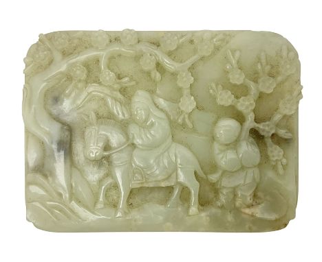 Pale celadon jade plaque carved in one side with a man riding his horse underneath flowering trees, with another figures foll