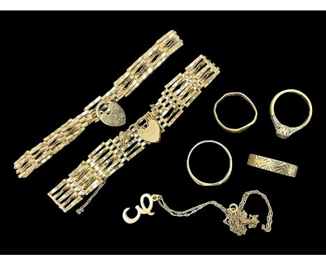 Two gold gate bracelets, two rings and an E pendant necklace, all 9ct and a gold ring stamped 18ct platCondition Report:18ct 