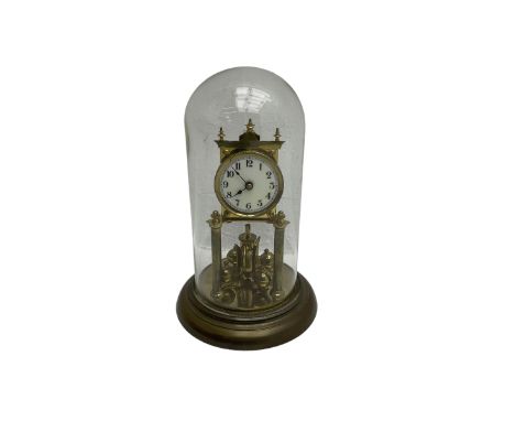 German - 1930's 400-day torsion clock by Jahresuhrenfabrik, movement on a circular brass base supported on two columns, ename