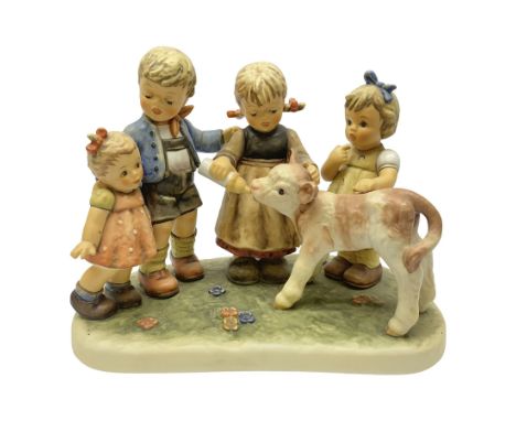 Large Hummel figure group by Goebel, Farm Days, modelled as four children feeding a calf, limited edition 2980 of 5000, H18cm