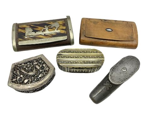 Five snuff boxes, including novelty snuff box in the form of a shoe, pierced example, rectangular hinged lid with white metal