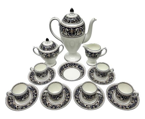 Wedgwood navy Florentine pattern coffee service for six, comprising coffeepot, coffee cans and saucers, milk jug, twin handle