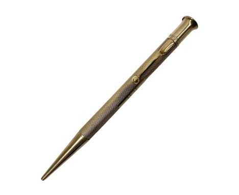 9ct gold propelling pencil, with engine turned decoration and engraved rectangular cartouche, hallmarked E Baker &amp; Son, B