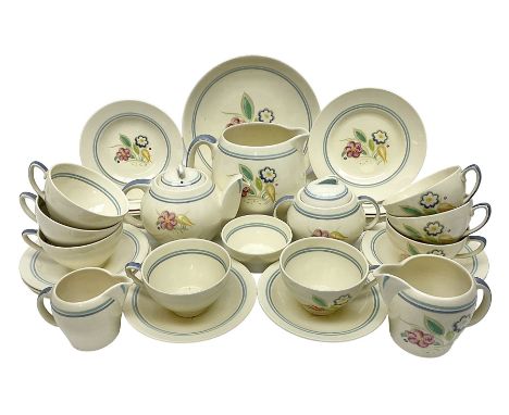 Susie Cooper Nosegay pattern tea service, teapot, eight cups and saucers, six dessert plates, three graduating jugs, covered 