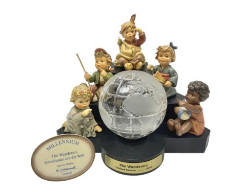 Hummel by Goebel, The Wanders collectors set, limited edition 358/2000, comprising stand, glass globe and five figures, H23cm