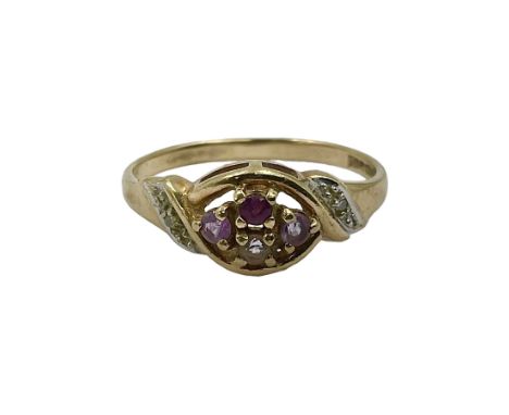 9ct gold amethyst cluster ring, with diamond set shoulders, hallmarked Condition Report:Approx 1.7 grams, size N