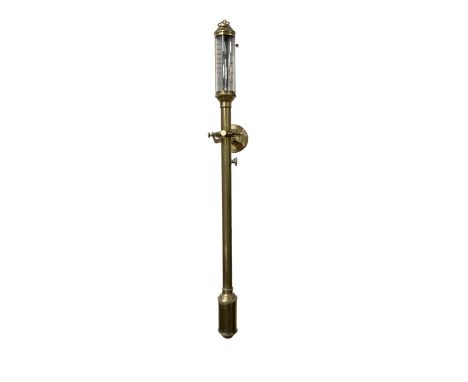20th century - Cylindrical brass marine gimbal mounted ships barometer, fully enclosed glass tube and cistern,  engraved regi