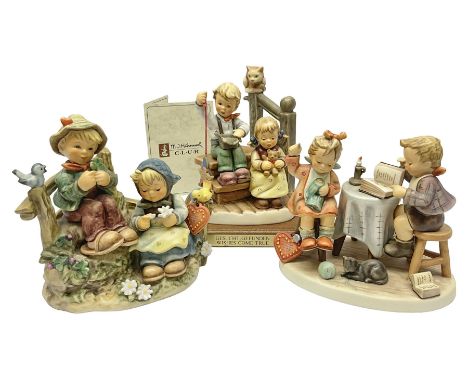 Three Hummel figure groups by Goebel, comprising Wishes Come True, on wooden plinth, First Love and Togetherness, tallest inc