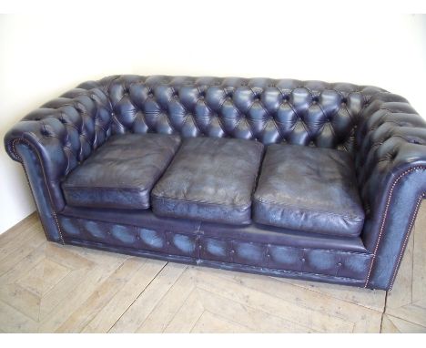 Three seat blue leather Chesterfield style sofa (width 186cm)