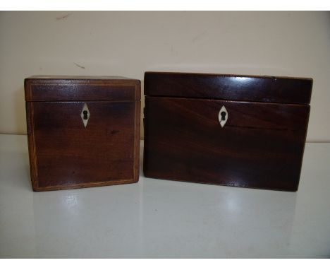 19th C mahogany inlaid and cross banded tea caddy with hinged top and another similar rectangular tea caddy (2)