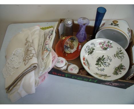 Royal Worcester Evesham ware cabinet cup and saucer, Caithness style vase and a selection of various linen and tableware  