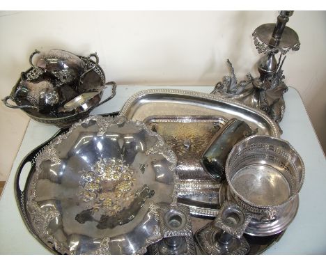 Large twin handled silver plated tray, a elaborate centre piece/table lamp supported by three mythical creatures and a select