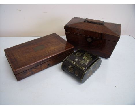 19th C rosewood tea caddy, mahogany rosewood rectangular box and a small japed oriental style table box with hinged lid and g