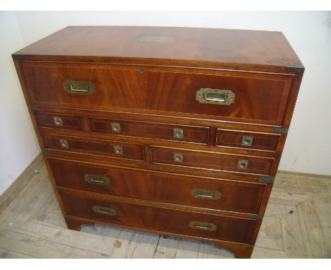 Superb quality reproduction mahogany inlaid and cross banded brass mounted campaign style two sectional secretaire chest, the