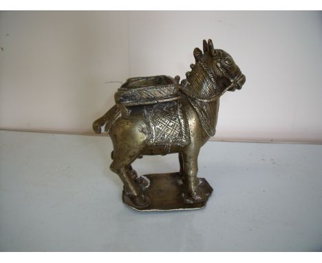 Unusual 19th/20th C bronze figure of a Persian mule with tack and carrying saddle (13cm high)