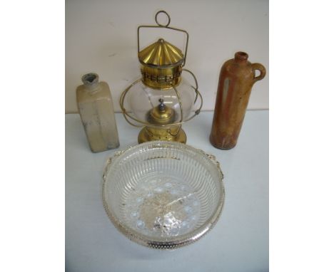 Two Stoneware jars, a silver plated and glass centre bowl and a cooper and glass hanging oil lamp (4)