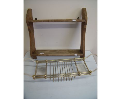 Small pine two tier wall shelf (width 51.5cm) and a quality heavy brass bath/sink style tray (2)