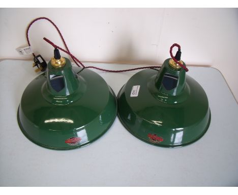 Pair of Thorlux green enamel centre light fittings (diameter 28cm) with recently rewired fittings 