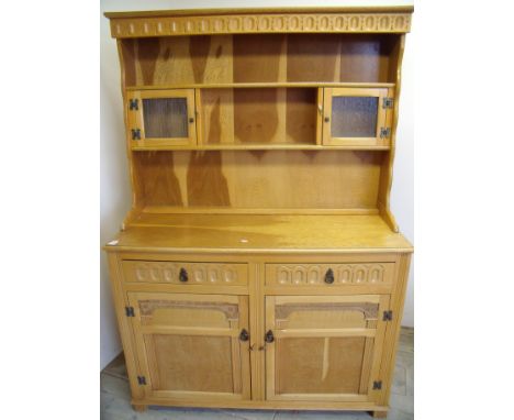 Modern light oak dresser with raised back above two drawers and two panelled cupboard doors (width 122cm)