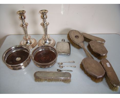 Selection of silver hallmarked backed table brushes, various plated ware including candlesticks, coasters, hip flask etc 