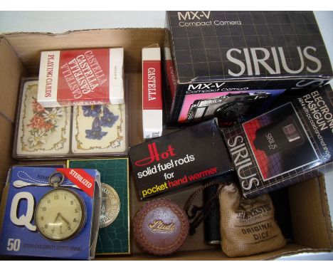 Selection of various vintage playing cards, a hip flask, a camera, Theakstons dice and a military issue pocket watch stamped 