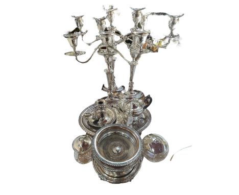 Collection of silver plate including three candelabra, tray, three bottle coasters, etc.