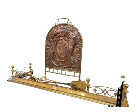 Brass extending Victorian fender, copper and brass Art Nouveau fire guard and three fire irons.