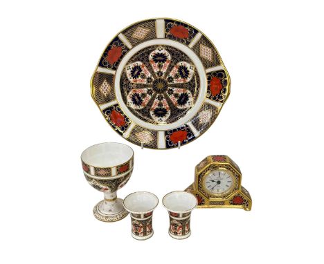 Royal Crown Derby Imari pattern mantel clock, pair small vases, cake plate and goblet (4).