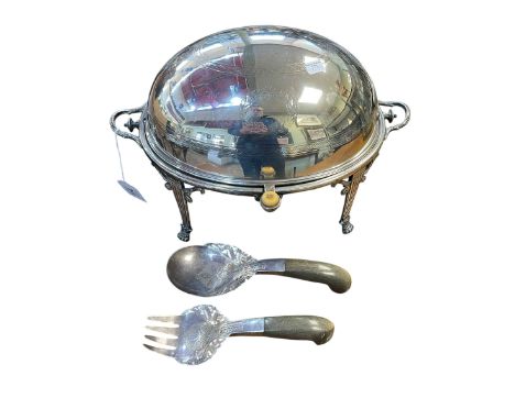 Silver plated roll top breakfast warming dish and pair of servers.