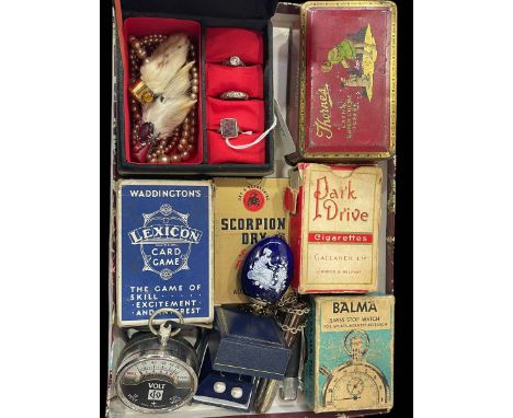 Jewellery and collectables including two 9 carat gold rings, knives, playing cards, etc.